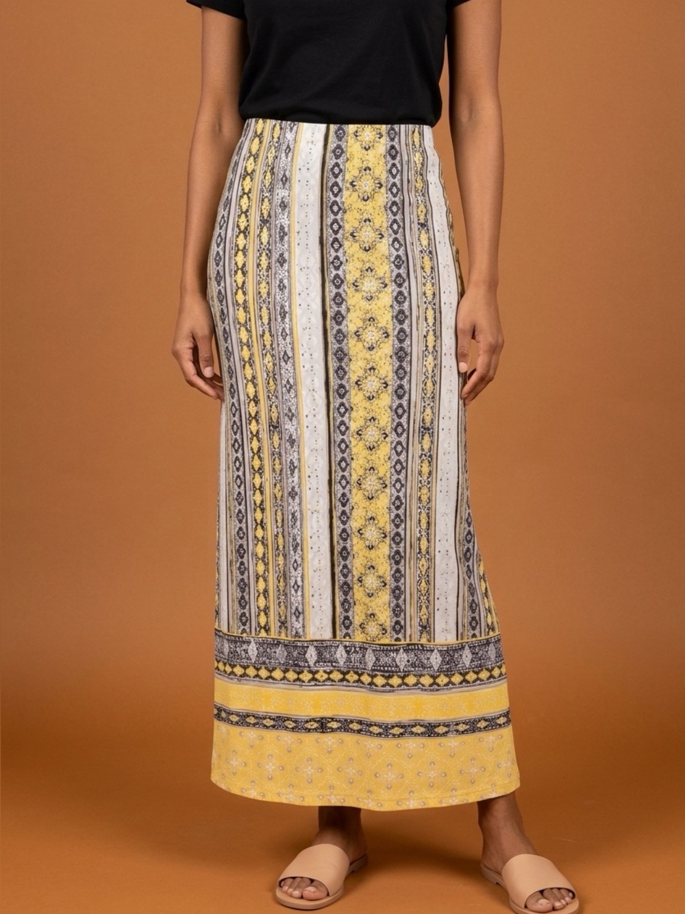 Cato Yellow, Black & White Striped Maxi Skirt